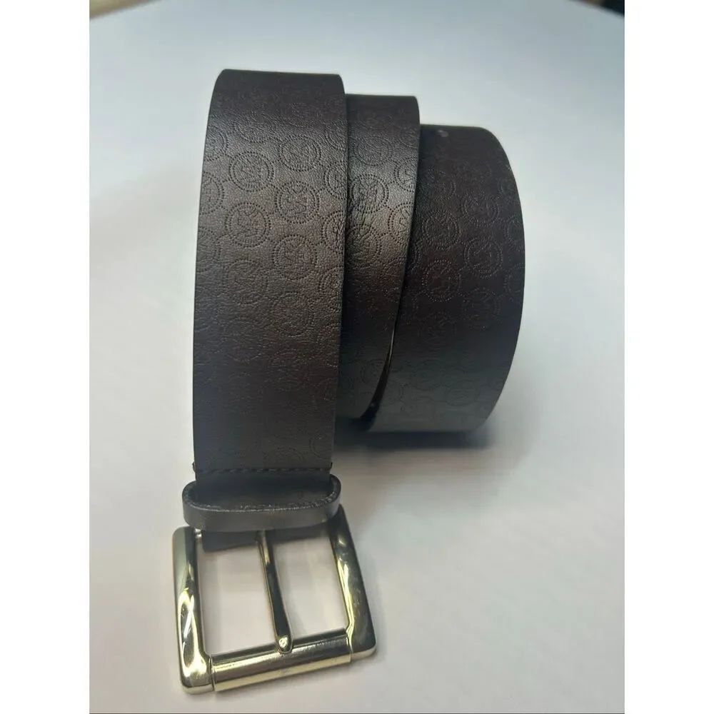 Michael Kors Brown MK Logo Monogram Belt Gold Buckle Womens Size L 44”